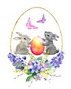 Beautiful Spring Easter wreath,Easter oval golden frame,Spring flowers and leaves